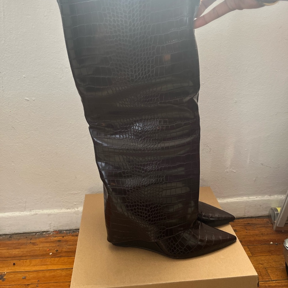 Steve Madden Dark Brown Croc-Embossed Over-the-Knee Boots